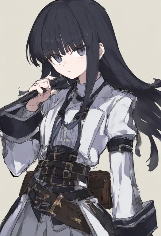masterpiece, best quality, general, multiple belts, 1girl, solo, simple background — by k3scat, made with ComfyUI