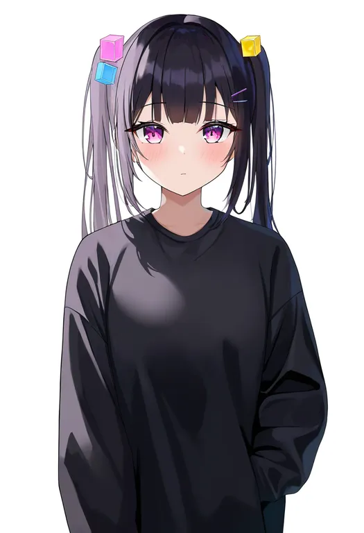 masterpiece, best quality, newest, absurdres, highres, safe, cube_hair_ornament, 1girl, solo, simple_background — by k3scat, made with ComfyUI
