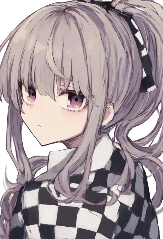 masterpiece, best quality, general, checkered clothes, 1girl, solo, simple background — by k3scat, made with ComfyUI