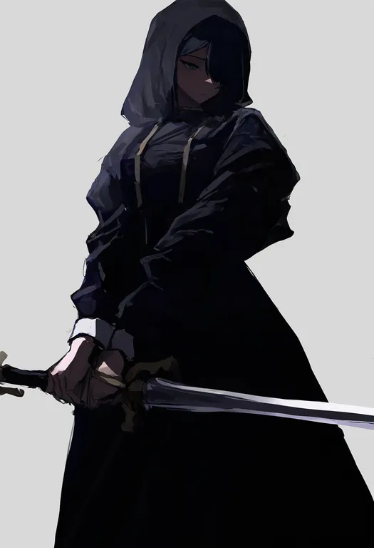 masterpiece, best quality, newest, absurdres, highres, safe, holding_sword_behind_back, 1girl, solo, simple_background — by k3scat, made with ComfyUI