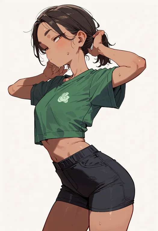 masterpiece, best quality, score_7, safe, green trim, 1girl, solo, simple background — by k3scat, made with ComfyUI