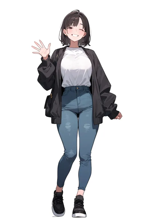 masterpiece, best quality, score_7, safe, waving, 1girl, solo, full body, simple background — by k3scat, made with ComfyUI
