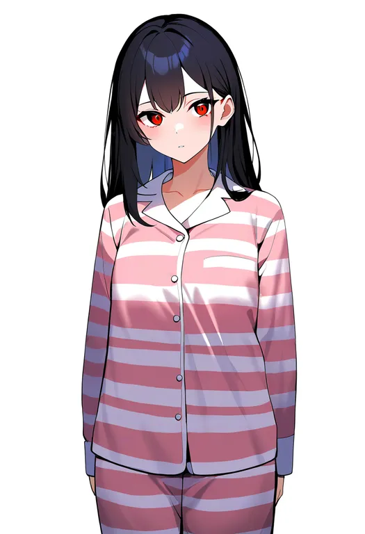 masterpiece, best quality, newest, absurdres, highres, safe, striped_pajamas, 1girl, solo, simple_background — by k3scat, made with ComfyUI