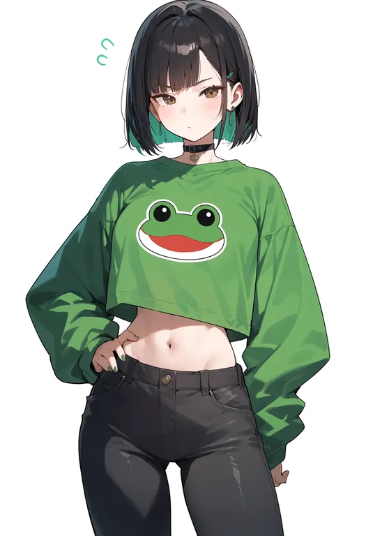 masterpiece, best quality, score_7, safe, frog print, 1girl, solo, simple background — by k3scat, made with ComfyUI