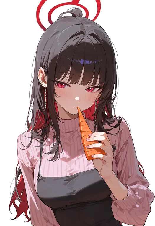 masterpiece, best quality, score_7, safe, carrot slice, 1girl, solo, upper body, simple background — by k3scat, made with ComfyUI