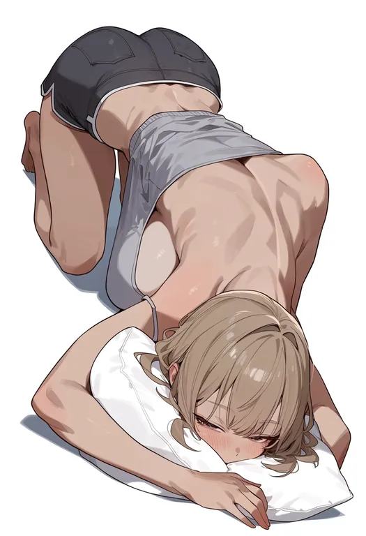masterpiece, best quality, score_7, safe, head on pillow, 1girl, solo, simple background — by k3scat, made with ComfyUI