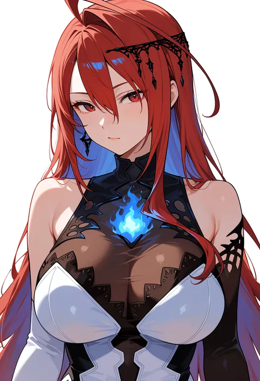 masterpiece, best quality, score_7, safe, elizabeth rose bloodflame (1st costume), solo, upper body, simple background — by k3scat, made with ComfyUI