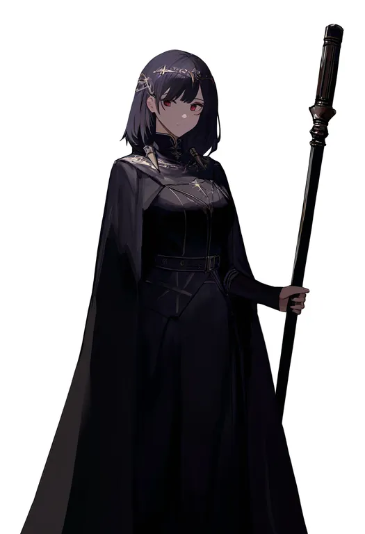 masterpiece, best quality, newest, absurdres, highres, safe, holding_staff, 1girl, solo, simple_background — by k3scat, made with ComfyUI