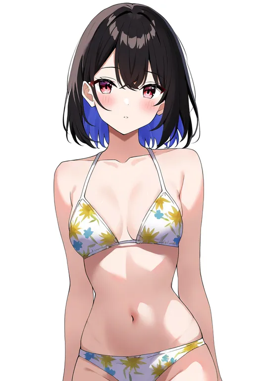 masterpiece, best quality, newest, absurdres, highres, safe, floral_print_bikini, 1girl, solo, simple_background — by k3scat, made with ComfyUI