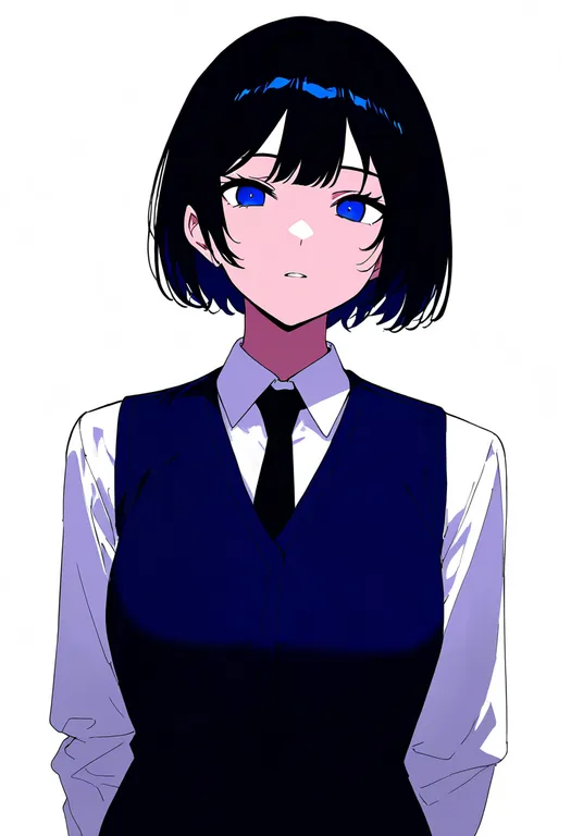 masterpiece, best quality, newest, absurdres, highres, safe, blue_vest, 1girl, solo, simple_background — by k3scat, made with ComfyUI