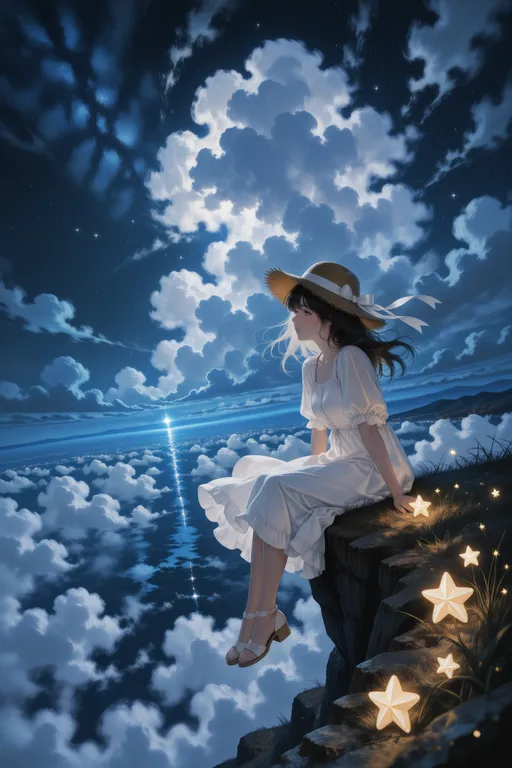 masterpiece, high quality, ultra-detailed, wide angle, girl sitting on cliff edge, white dress, straw hat, starry sky, s…