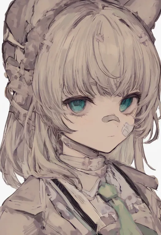 masterpiece, best quality, general, bandaid on nose, 1girl, solo, simple background — by k3scat, made with ComfyUI