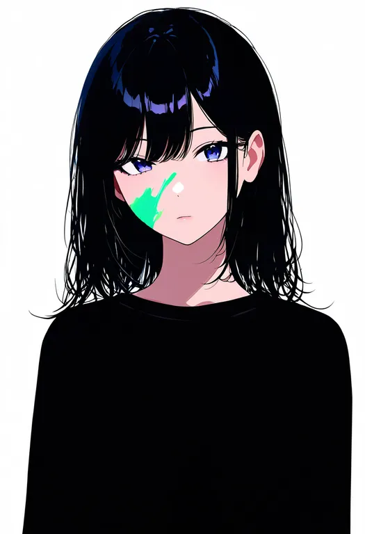 masterpiece, best quality, newest, absurdres, highres, safe, paint_splatter_on_face, 1girl, solo, simple_background — by k3scat, made with ComfyUI