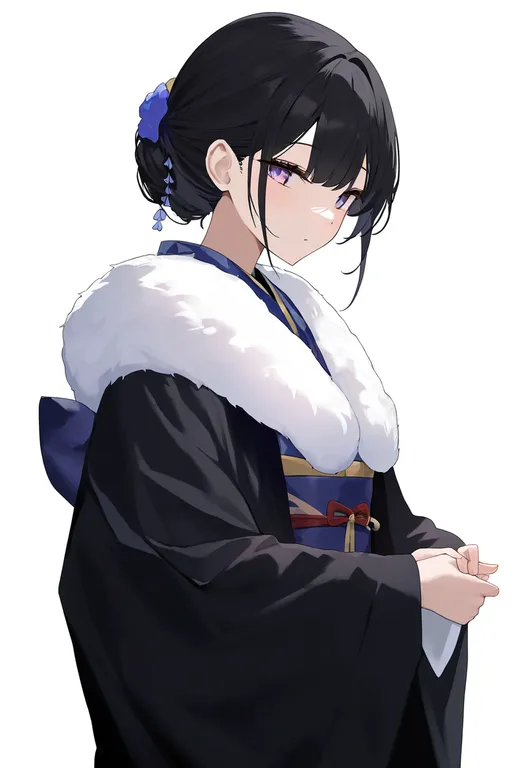 masterpiece, best quality, newest, absurdres, highres, safe, fur-trimmed_kimono, 1girl, solo, simple_background — by k3scat, made with ComfyUI