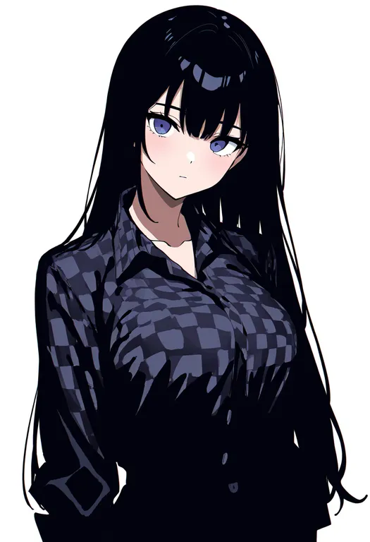 masterpiece, best quality, newest, absurdres, highres, safe, checkered_shirt, 1girl, solo, simple_background — by k3scat, made with ComfyUI