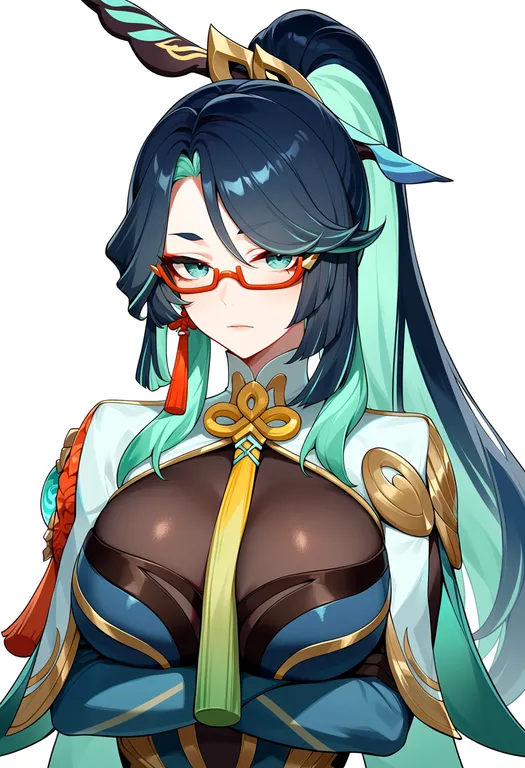 masterpiece, best quality, score_7, safe, xianyun (genshin impact), genshin impact, solo, upper body, simple background — by k3scat, made with ComfyUI