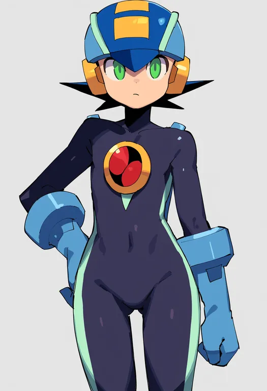 masterpiece, best quality, score_7, safe, mega man battle network 6, solo, simple background — by k3scat, made with ComfyUI