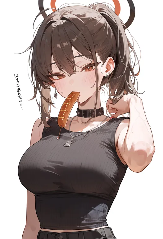 masterpiece, best quality, score_7, safe, sausage, 1girl, solo, upper body, simple background — by k3scat, made with ComfyUI