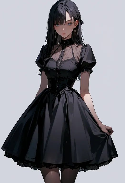 masterpiece, best quality, score_7, safe, black dress, 1girl, solo, simple background — by k3scat, made with ComfyUI