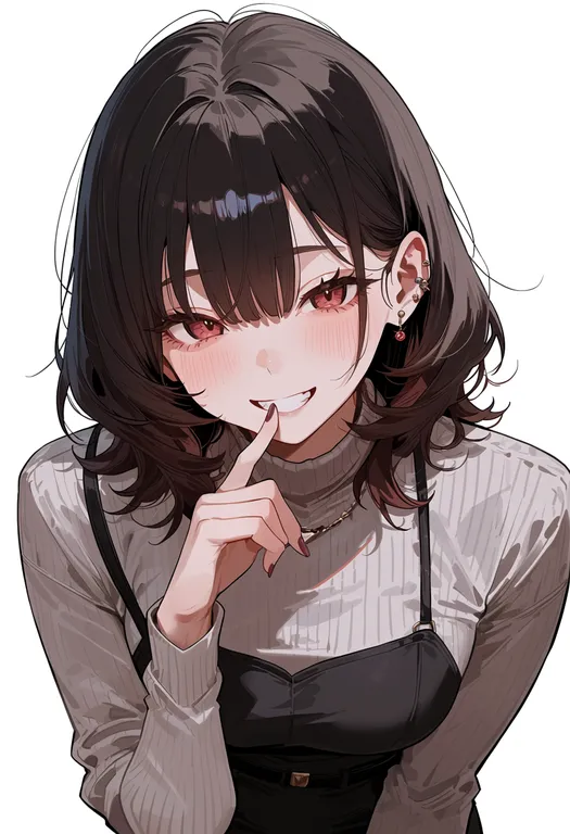 masterpiece, best quality, score_7, safe, finger to face, 1girl, solo, simple background — by k3scat, made with ComfyUI