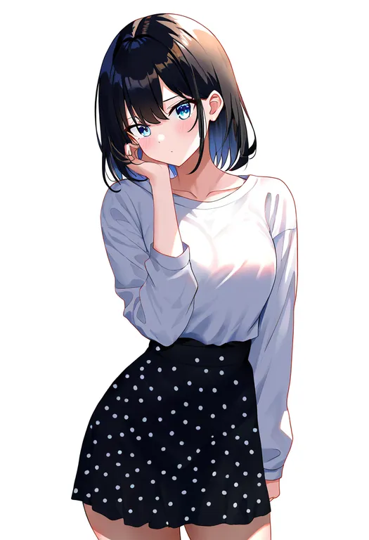 masterpiece, best quality, newest, absurdres, highres, safe, polka_dot_skirt, 1girl, solo, simple_background — by k3scat, made with ComfyUI