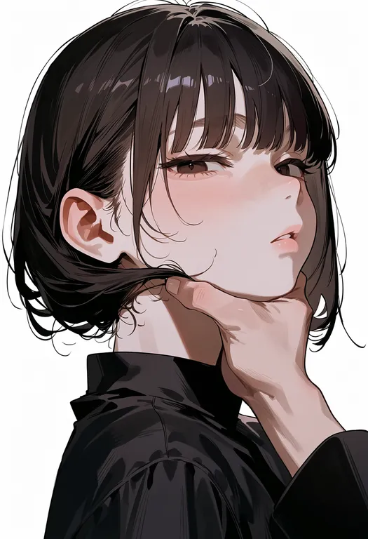 masterpiece, best quality, score_7, safe, strangling with hair, 1girl, solo, portrait, simple background — by k3scat, made with ComfyUI